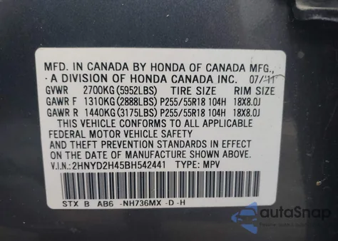 2011 Acura Mdx Technology Package z USA, uszkodzony, nr VIN 2HNYD2H45BH542441